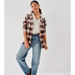 American Eagle Brown Plaid Hooded Flannel shacket Button Down oversize XS